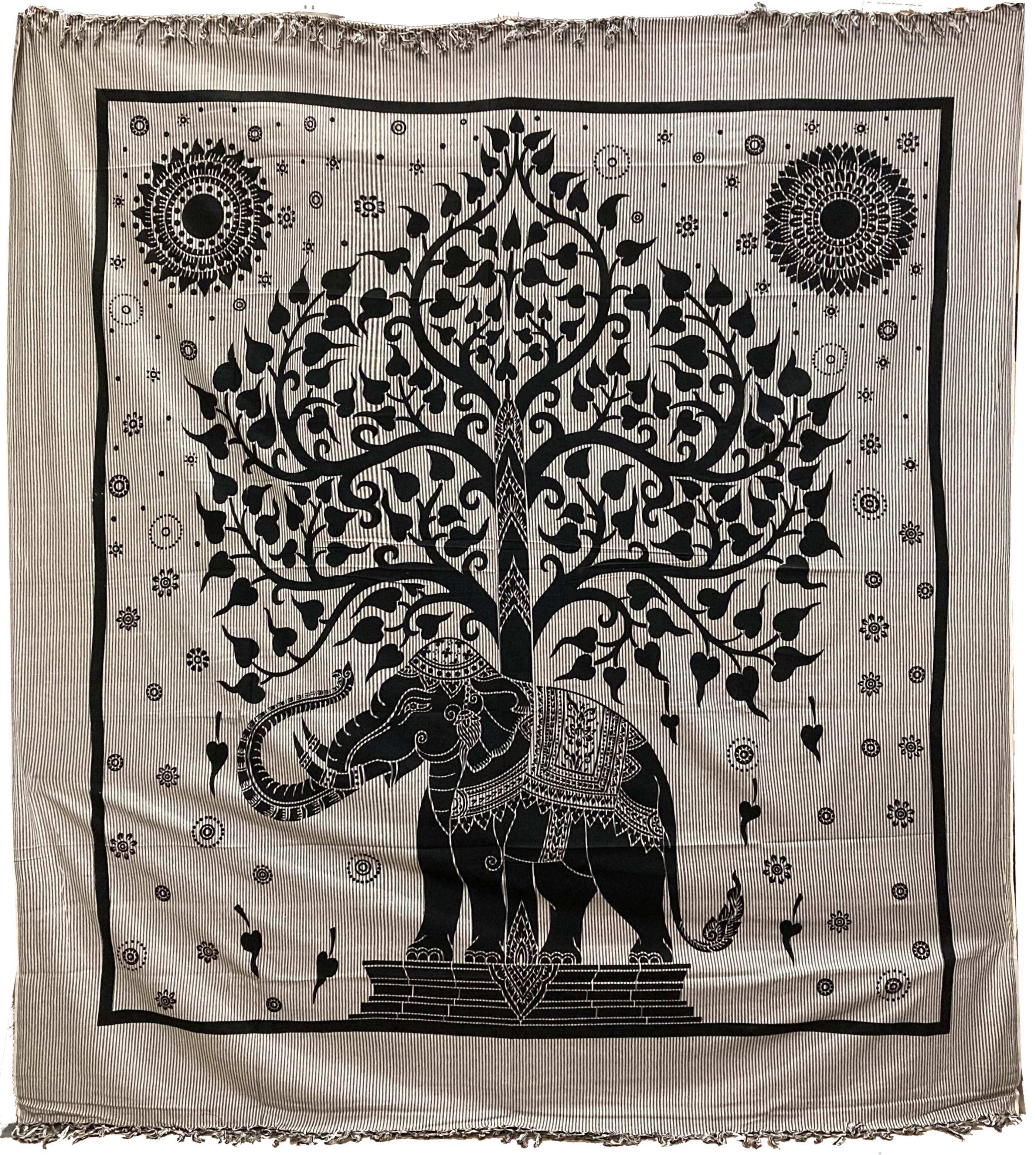 Tela Algodon Árbol de la Vida & Elefante Gris Negro