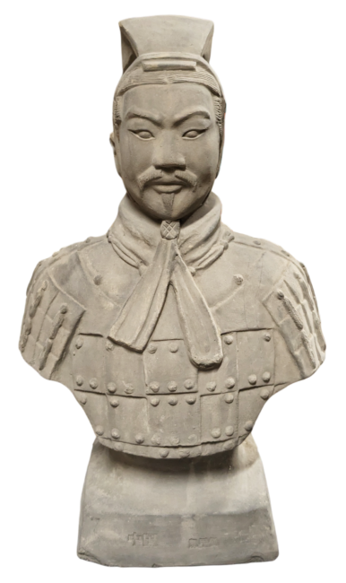 Estatua de busto de guerrero negro con armadura de terracota 50 cm