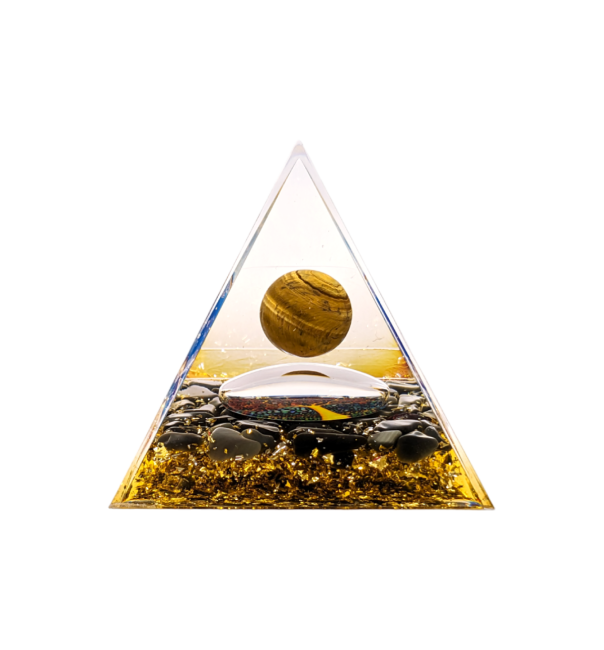 Pirámide de ojo de tigre de orgonita & árbol de la vida de obsidiana negra
