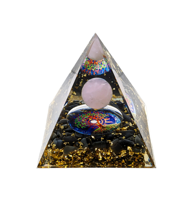 Pirámide de orgonita, cuarzo rosa & obsidiana negra Árbol de la vida