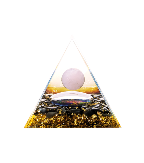 Pirámide de orgonita, cuarzo rosa & obsidiana negra Árbol de la vida