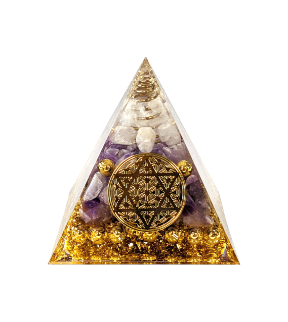 Orgonita Pirámide Cristal de Roca & Amatista Pentáculo Flor de la Vida
