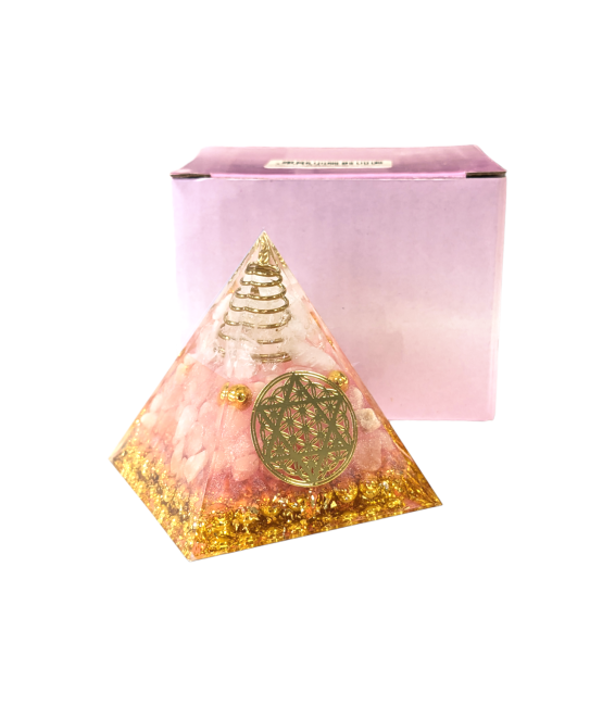 Pirámide de Orgonita Cristal de Roca & Pentáculo Flor de la Vida de Cuarzo Rosa