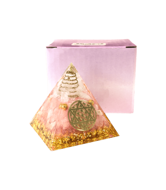 Pirámide de Orgonita Cristal de Roca & Pentáculo Flor de la Vida de Cuarzo Rosa