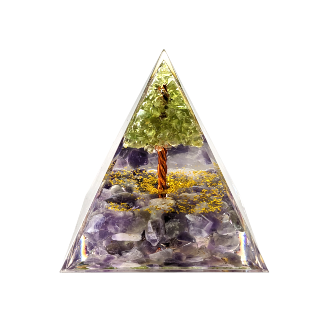 Pirámide de orgonita, amatista & peridoto, árbol de la vida