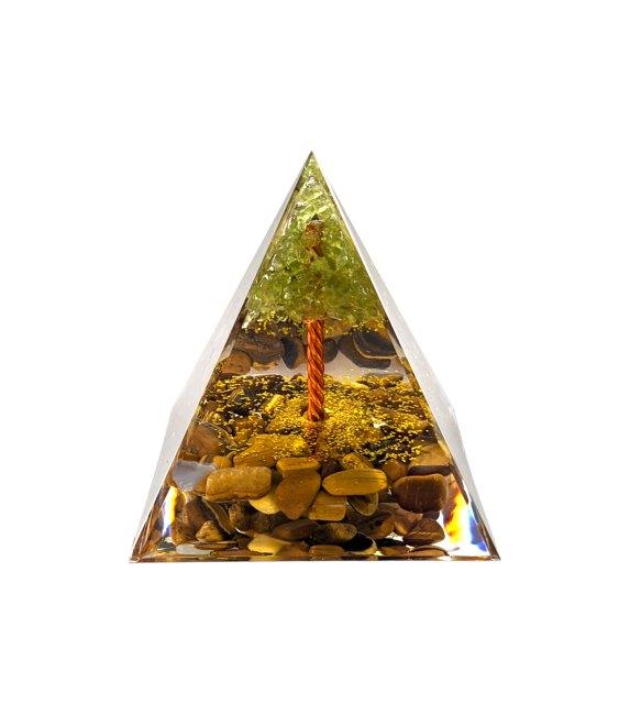Pirámide de orgonita Ojo de tigre & peridoto Árbol de la vida