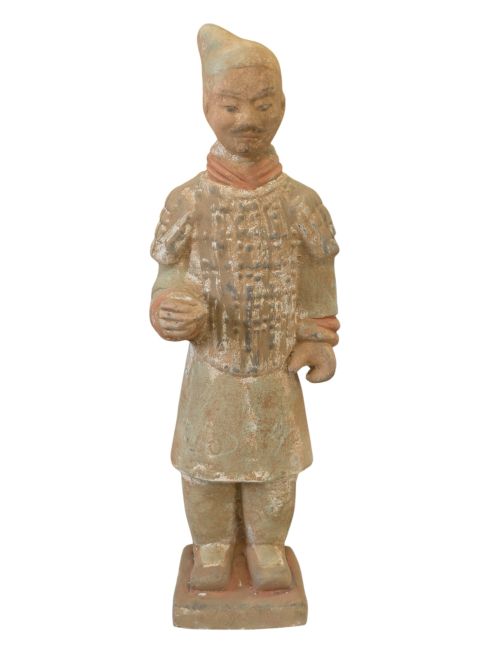 Estatua antigua de guerrero de terracota colorida de 24 cm