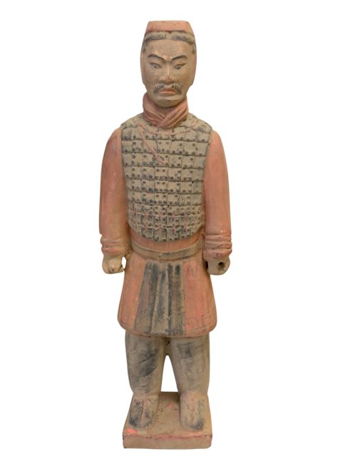 Estatua antigua de caballero de terracota colorida de 26 cm
