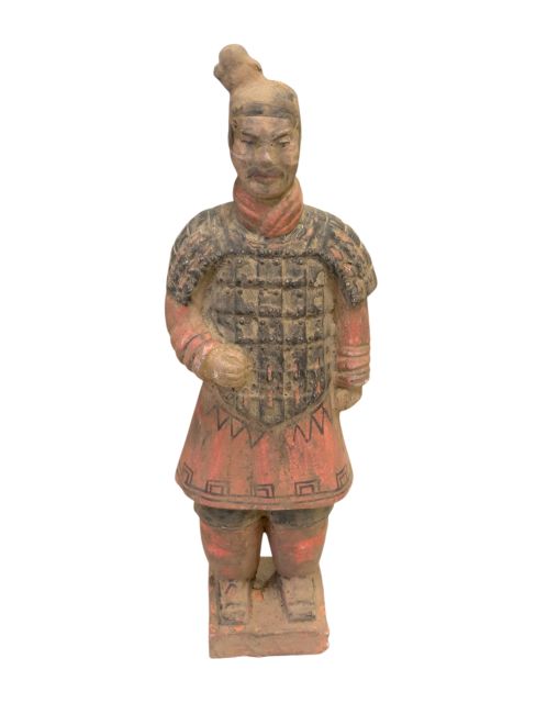 Estatua antigua de guerrero de terracota colorida de 26 cm