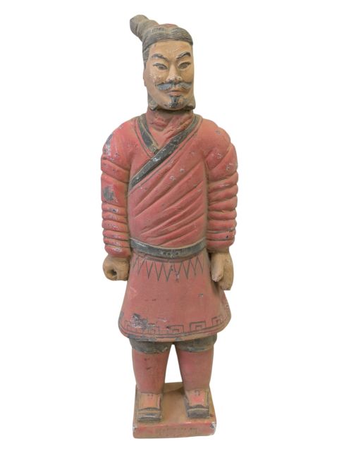 Estatua antigua de guerrero de terracota de colores, 26 cm