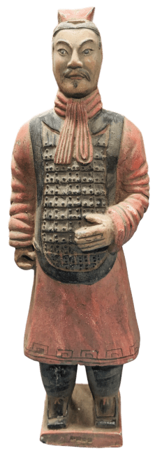 Estatua antigua de guerreros de terracota coloridos con armadura de 38 cm