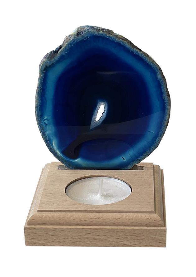 Candelabro loncha de ágata Azul sobre pedestal de madera