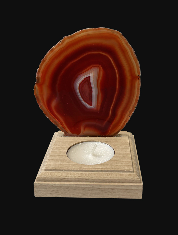 Candelabro loncha de ágata Rojo sobre pedestal de madera