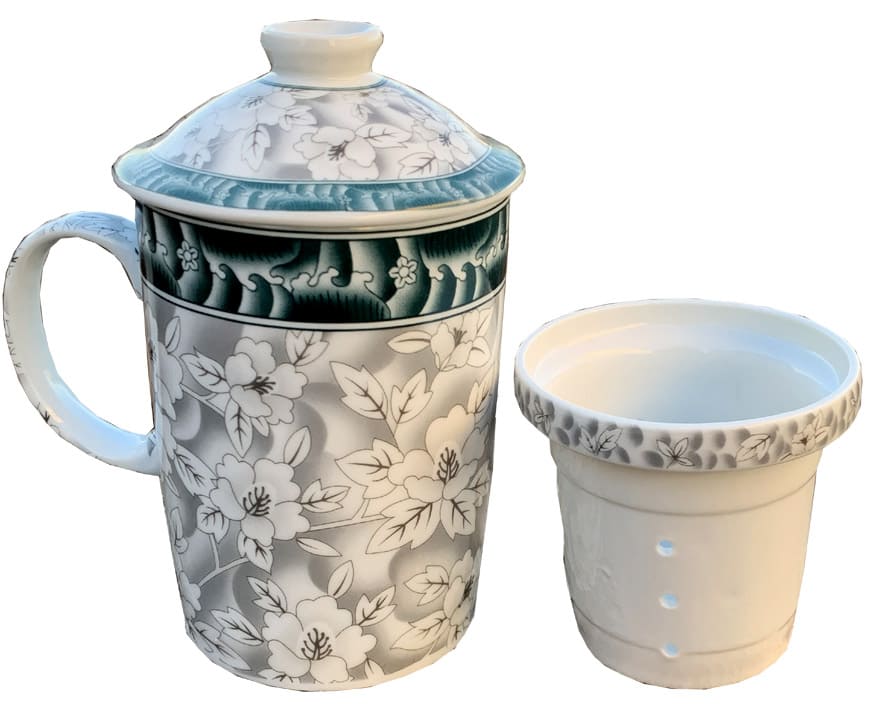 Mug tetera gris flores blancas