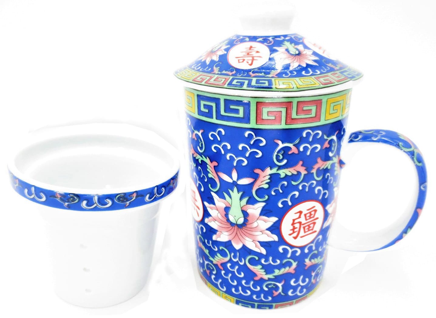 Taza de tetera azul con loto rosa
