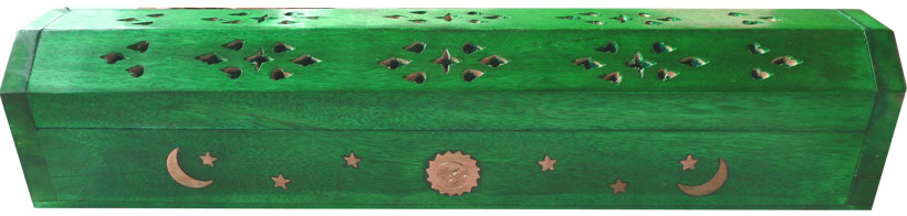 Caseta porta incienso en madera verde claro luna y sol 30cm