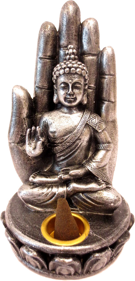 Incienso de Buda de plata sentado en la mano 13cm