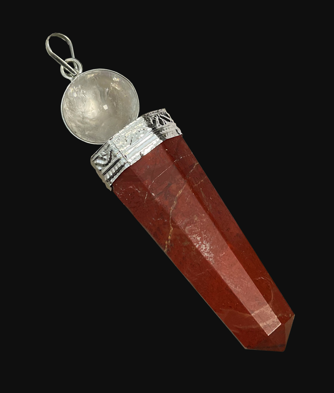 Colgante de palo de tratamiento Jaspe Rojo y Cristal de Roca 7cm