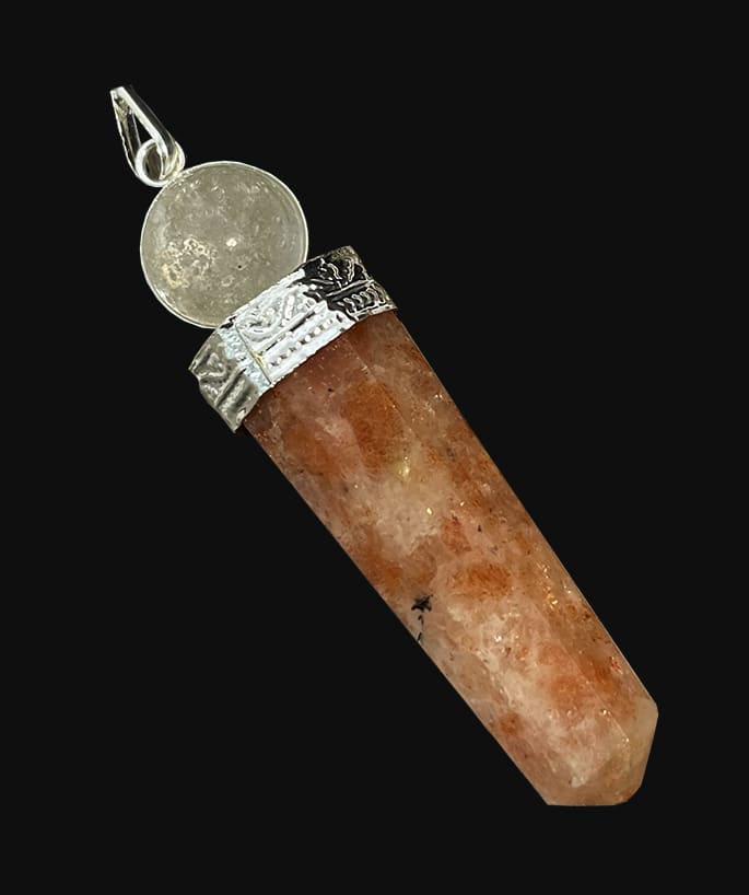 Colgante de palo de tratamiento Piedra del Sol y Cristal de Roca 7cm