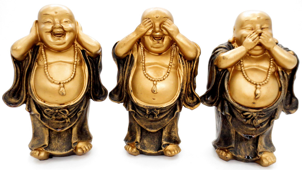 Set de 3 Budas Sonrientes Sabiduría Dorada 14cm