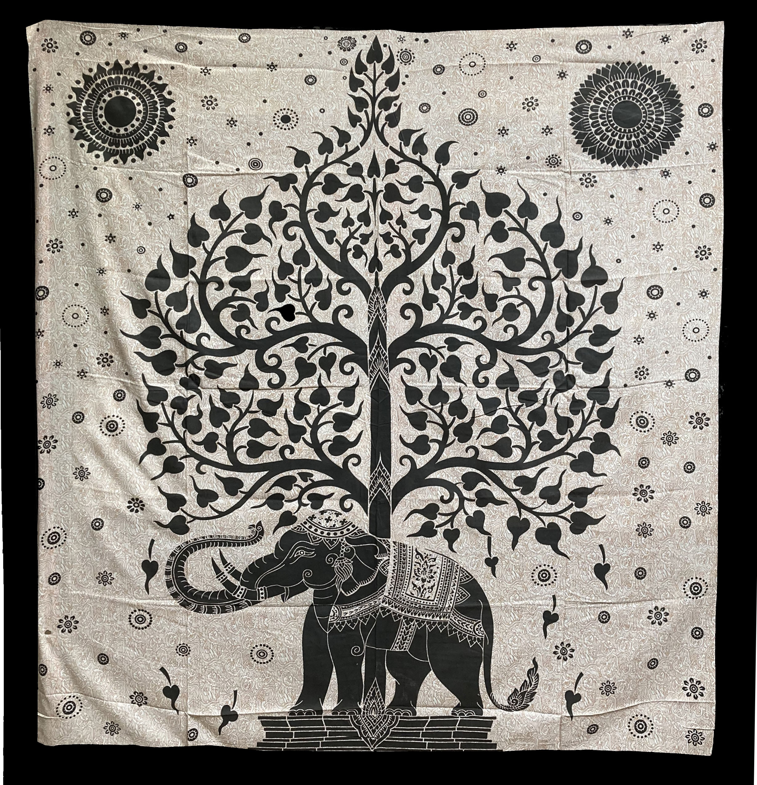 Tela Algodón Árbol de la Vida & Elefante Negro y Beige