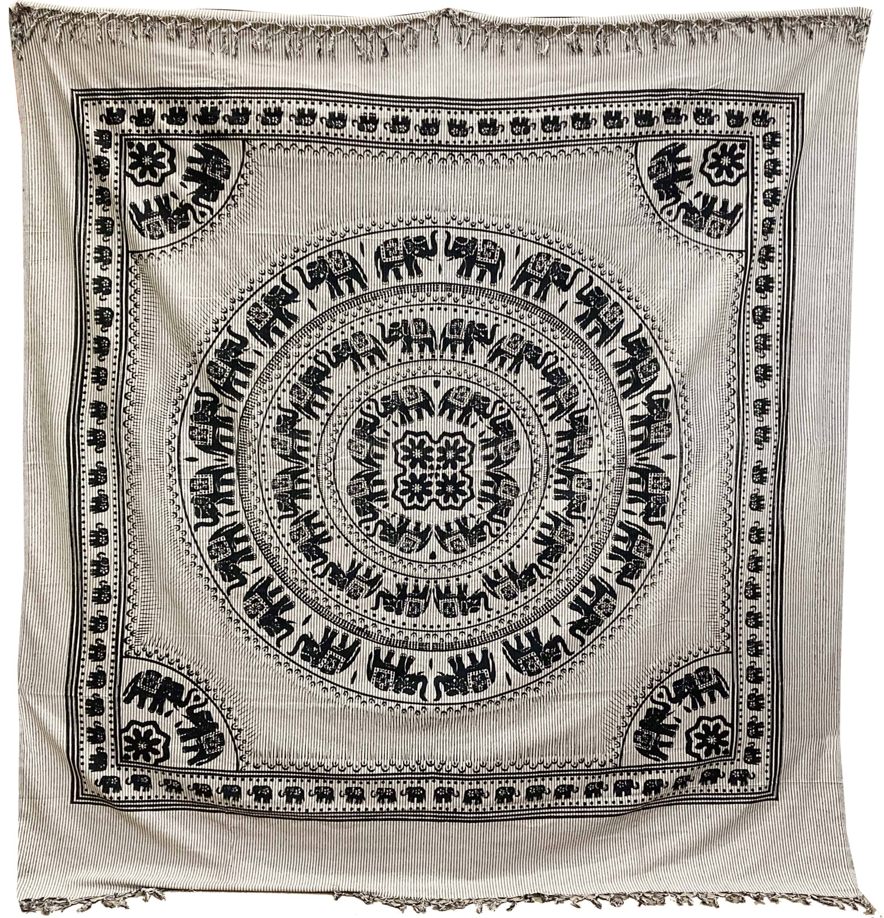 Tela de pared algodon mandala elefantes blanco y negro con rayas