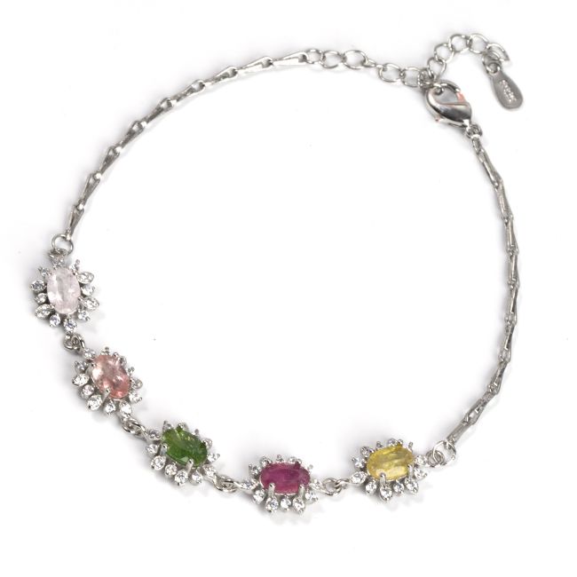 Pulsera Multicolor AA Turmalina Flores & Strass Plata 925