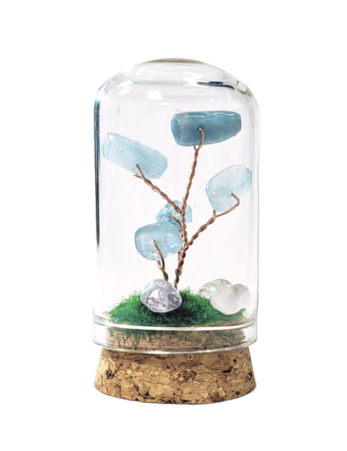 Pequeño Árbol de la Vida Aguamarina bajo Campana de Cristal 5,8cm