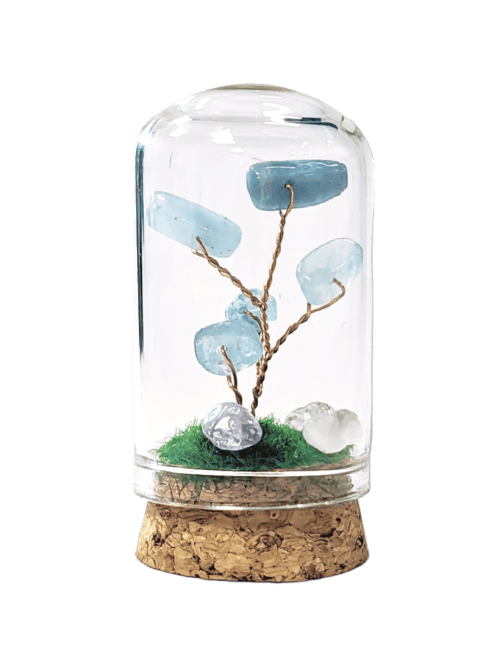 Pequeño Árbol de la Vida Aguamarina bajo Campana de Cristal 5,8cm