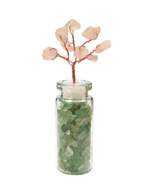 Árbol de la Vida Cuarzo Rosa en Vial de chips de Aventurina Verde 8cm