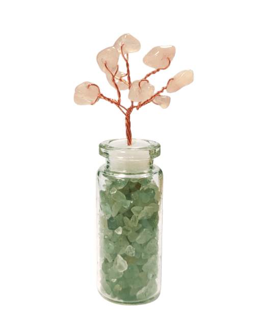 Árbol de la Vida Cuarzo Rosa en Vial de chips de Aventurina Verde 8cm