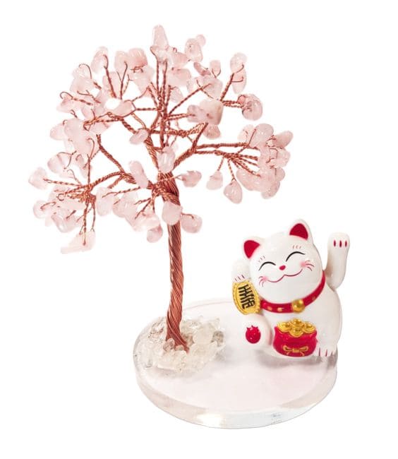 Árbol de la Vida en Cuarzo Rosa con Manekineko