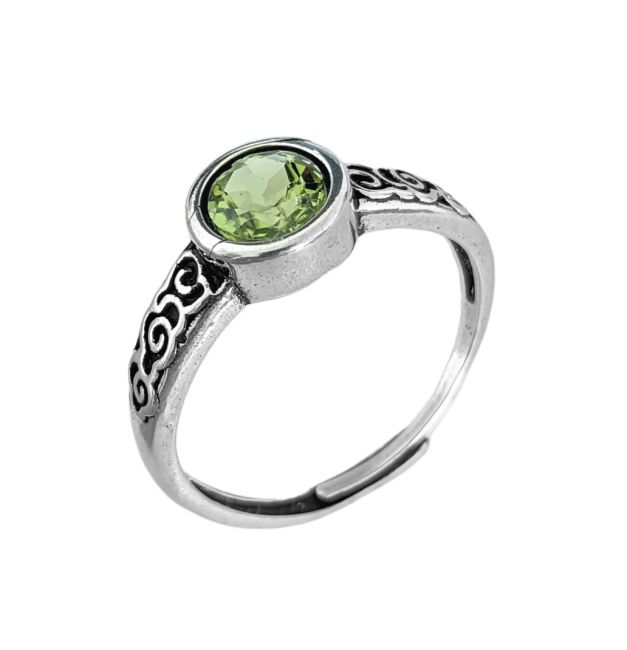 Anillo de cobre blanco ajustable redondo facetado con peridoto AA