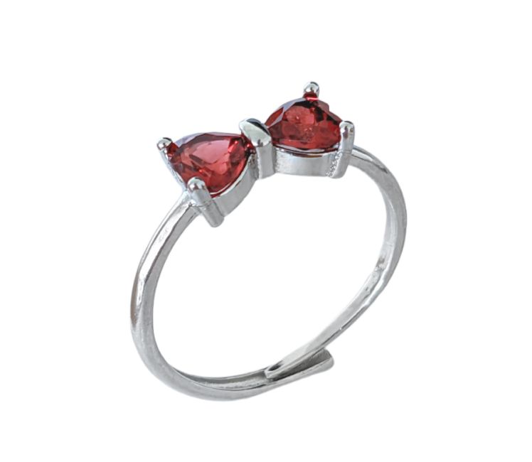 Anillo de cobre blanco ajustable con pajarita de corazón granate rojo AAA