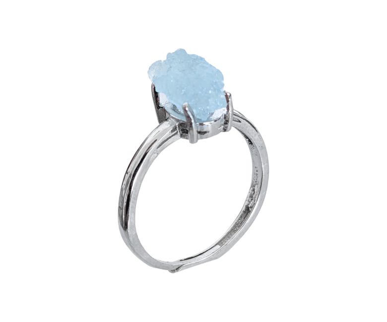 Anillo de cobre blanco ajustable con piedra cruda de aguamarina AA