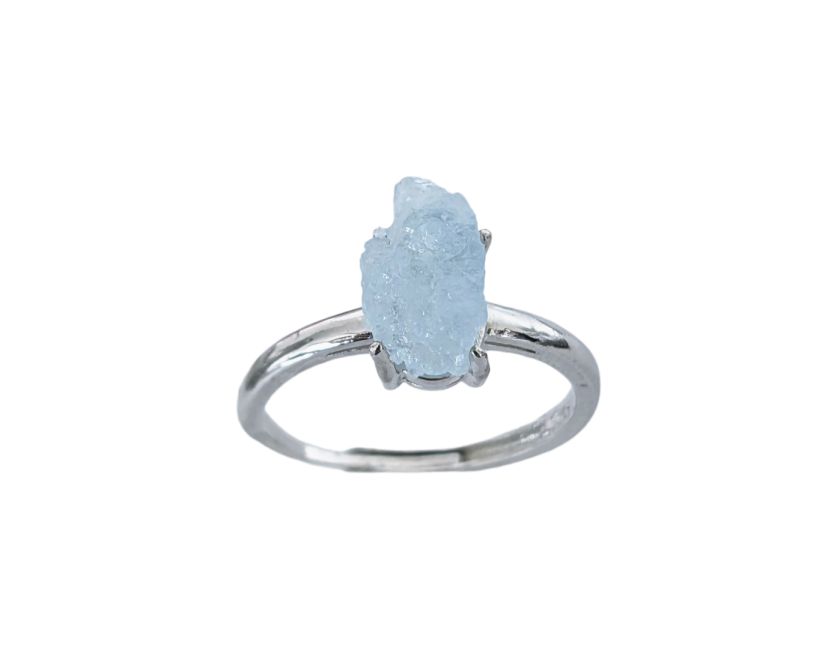 Anillo de cobre blanco ajustable con piedra cruda de aguamarina AA