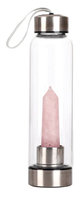 Botella de Tadasana, punta de cuarzo rosa tejida a ganchillo