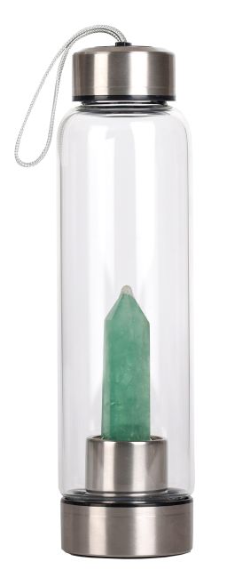 Botella de Tadasana, punta de aventurina verde tejida a ganchillo