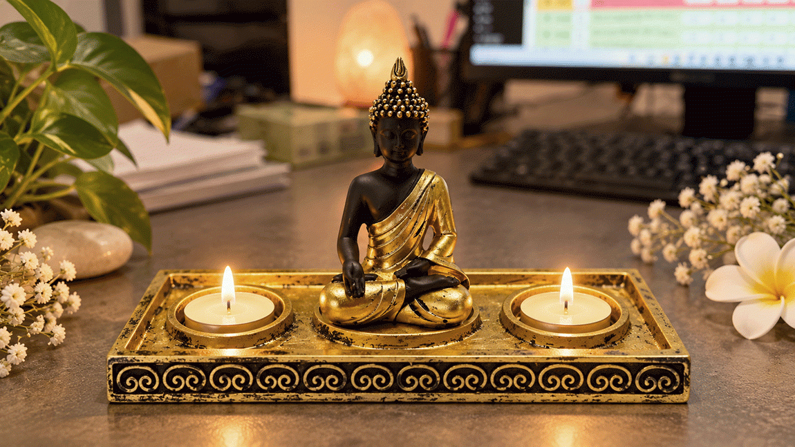 incienso en Portavelas Buda Meditación Dorado y Negro de Resina 22 cm|es
