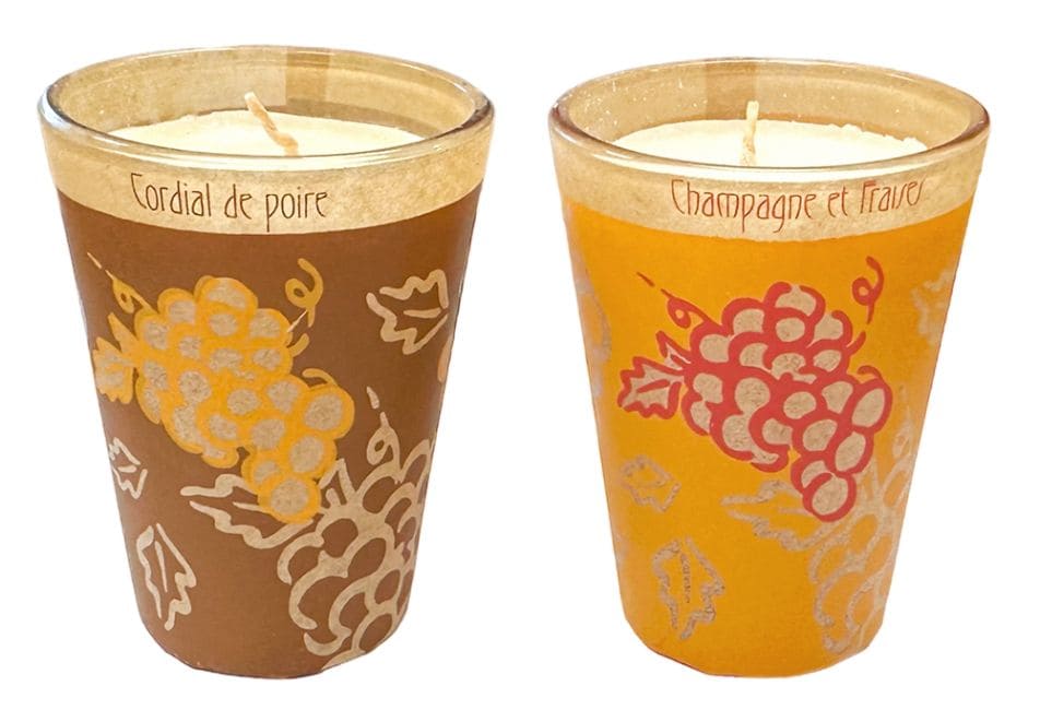 incienso en Caja de 2 Velas Maroma en copa de Champán y Fresa - Cordial de Pera 70g