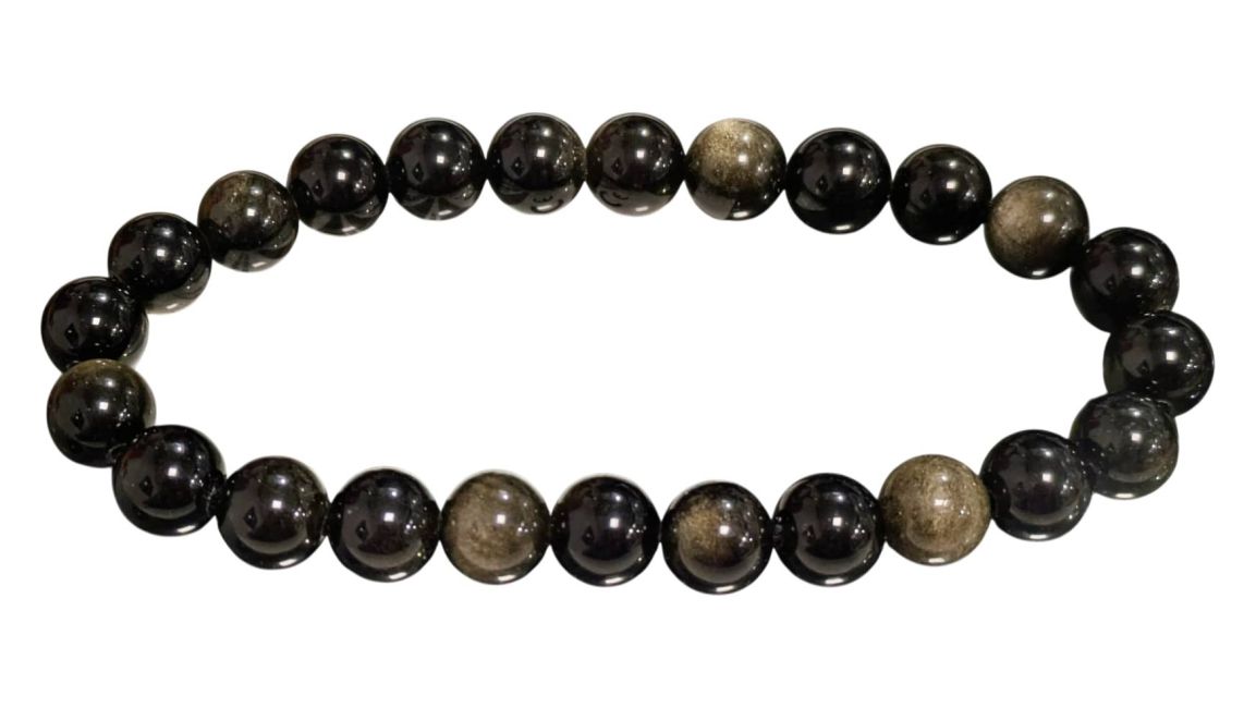 Pulsera de perlas Obsidiana negra dorada A 8 mm