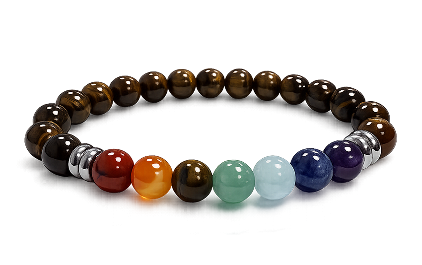 Pulsera de ojo de tigre con 7 chakras y cuentas de 8 mm