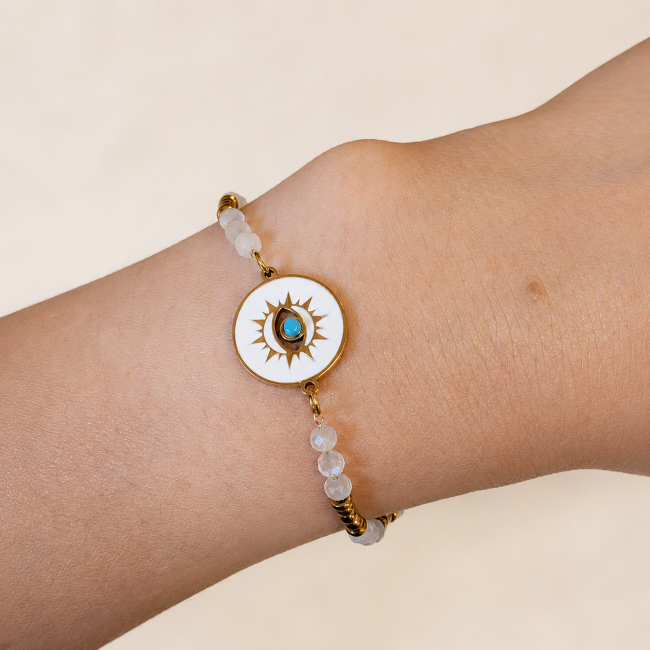 incienso en Pulsera de Protección de Piedra Luna Blanca A – Medallón Ojo Protector