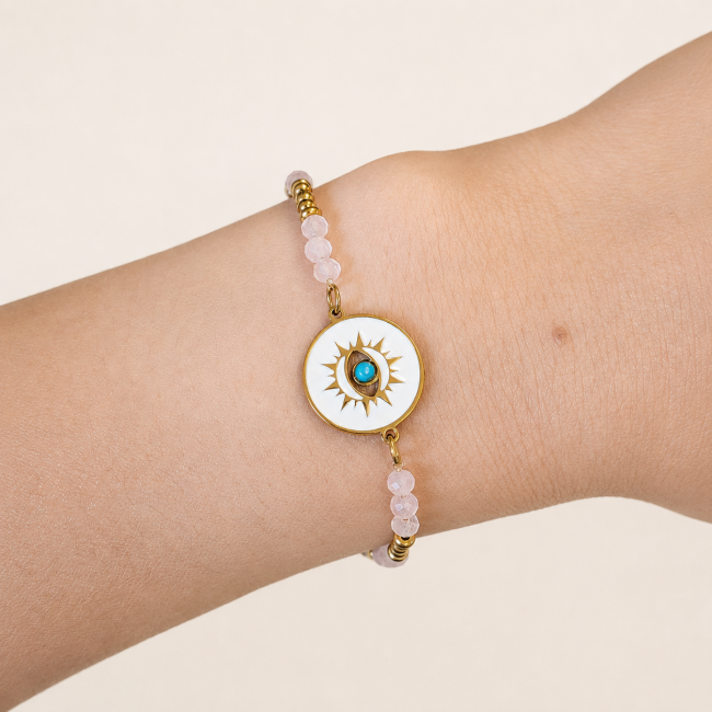 incienso en Pulsera de Protección de Cuarzo Rosa A – Medallón Ojo Protector