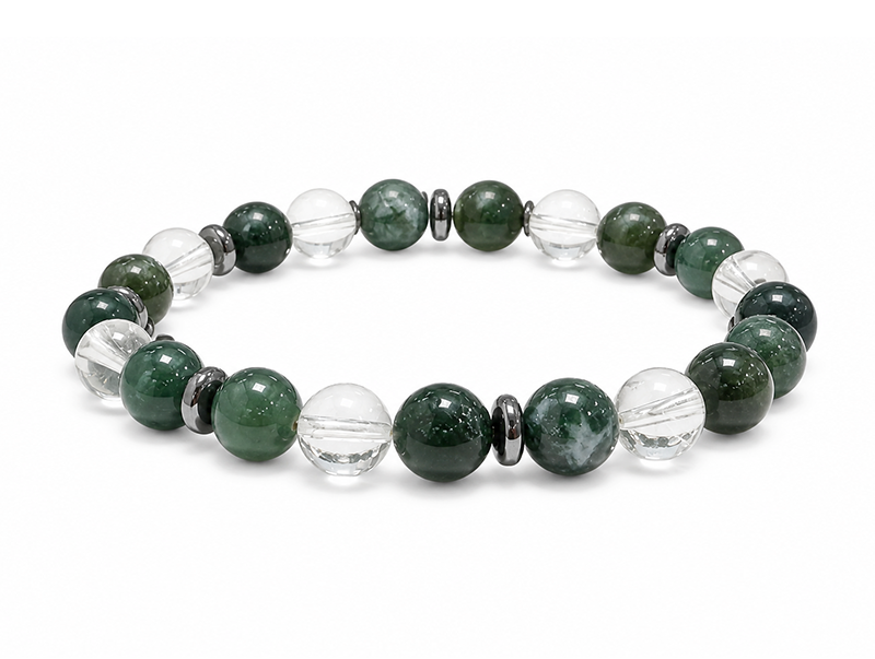 Pulsera de Cristal de Roca y Ágata Musgo AA cuentas 8mm