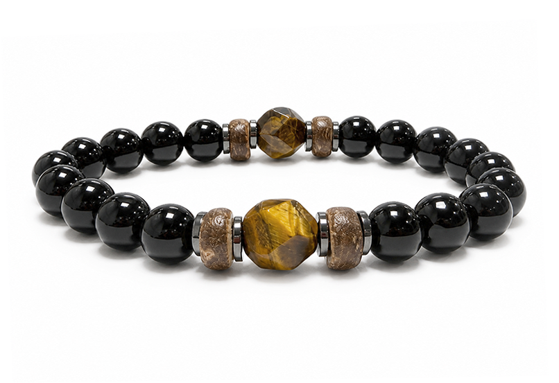 Pulsera de Ónix Negro y Ojo de Tigre A cuentas 8mm