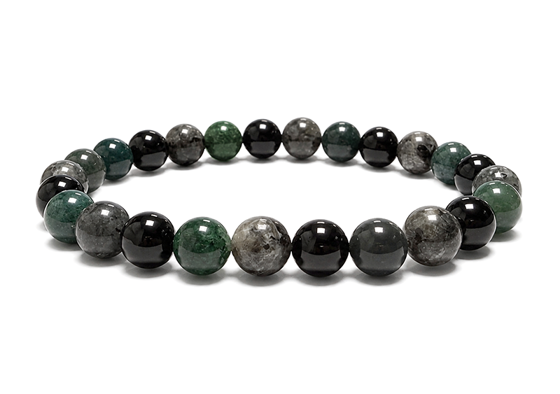 Pulsera de Larvikita, Ágata Musgo y Ónix Negro A cuentas 8mm
