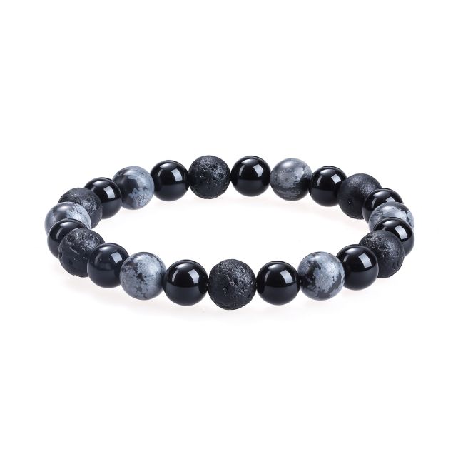 Pulsera de obsidiana copo de nieve, piedra de lava y cuentas de ónix negro de 8 mm