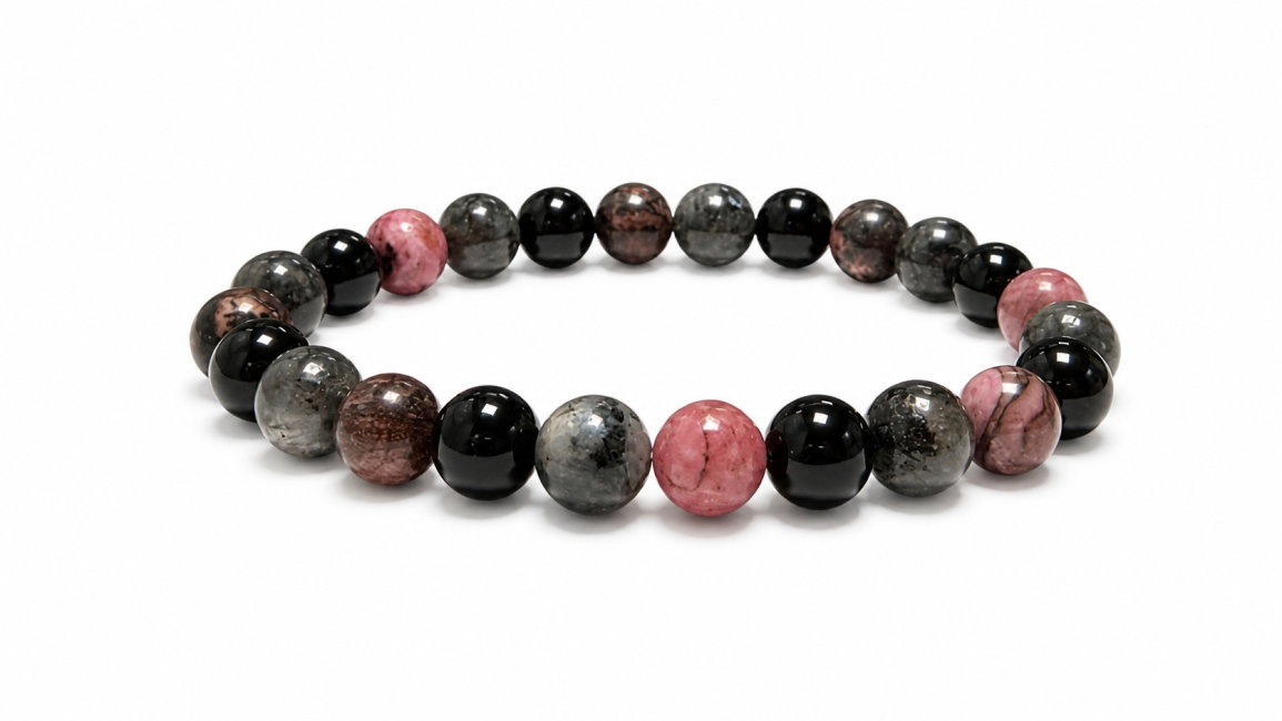 Pulsera de Rodonita, Larvikita y Ónix Negro A cuentas 8mm