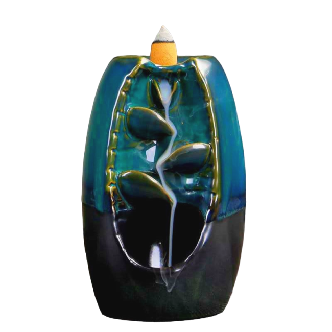 Porta Incienso de Reflujo de Cerámica Marrón Óxido Cascada de Hojas 20cm